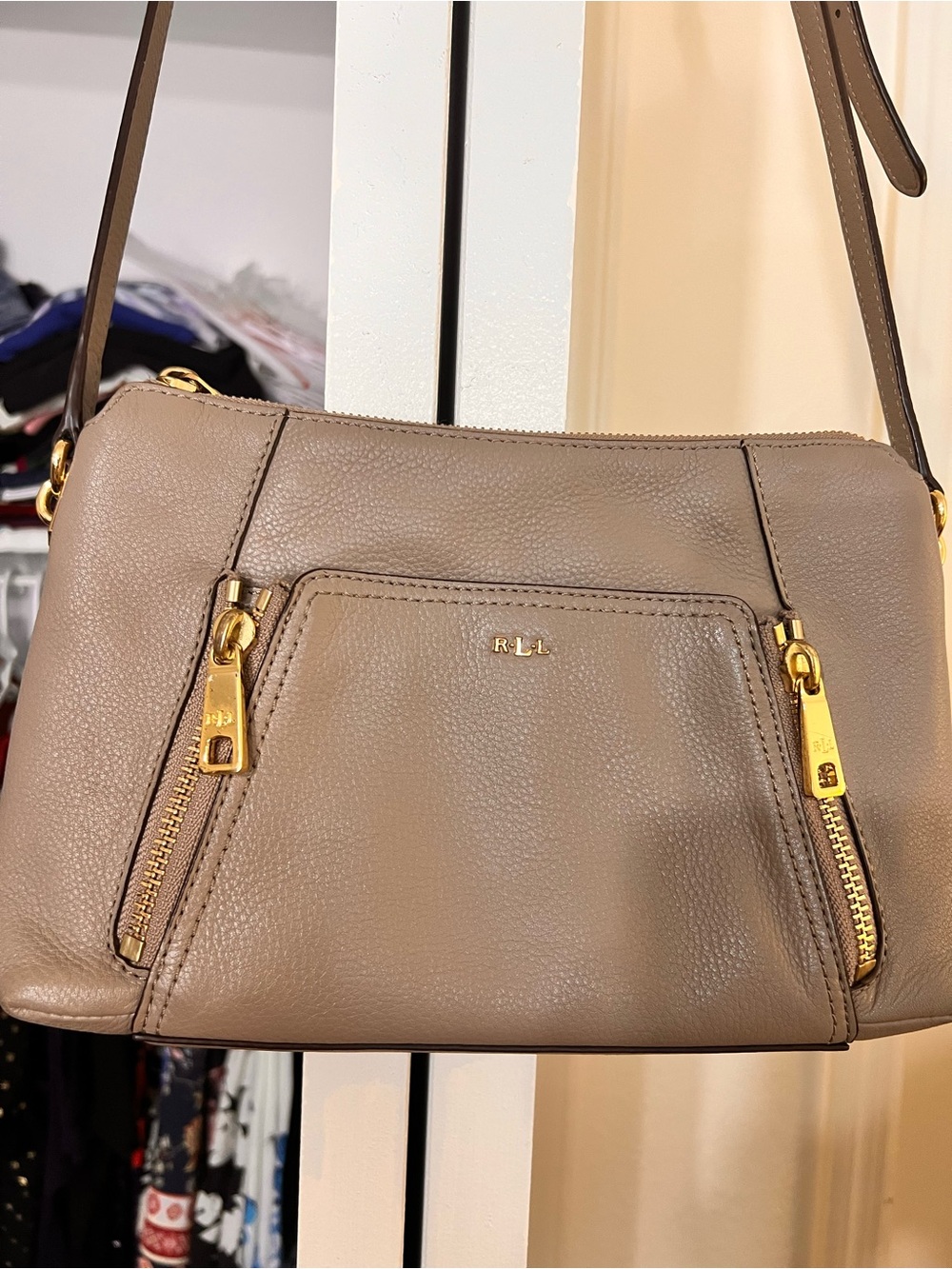 Ralph Lauren Pebbled Taupe Leather Crossbody with Gold Hardware
